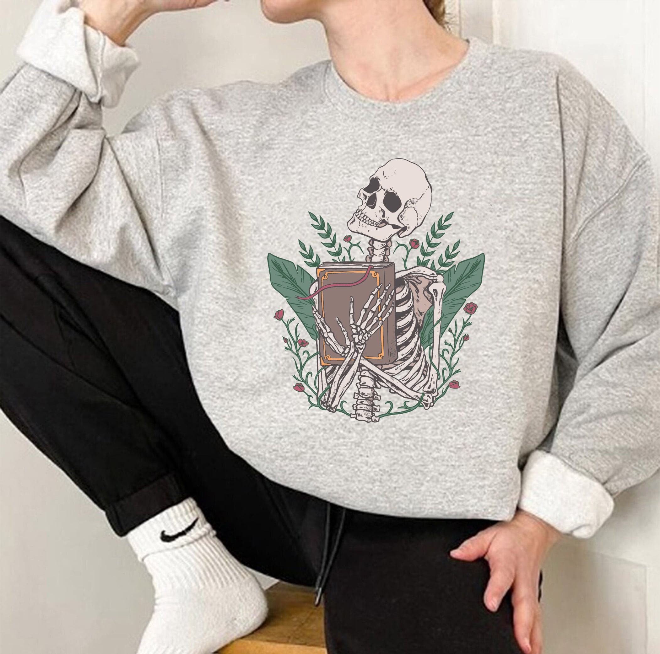 Skeleton With Book Lover Teacher Club Nerd Sweatshirt image 2