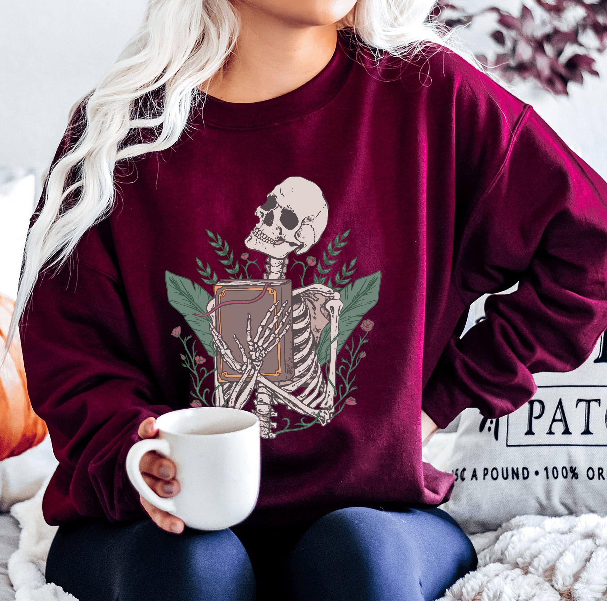 Skeleton With Book Lover Teacher Club Nerd Sweatshirt image 5