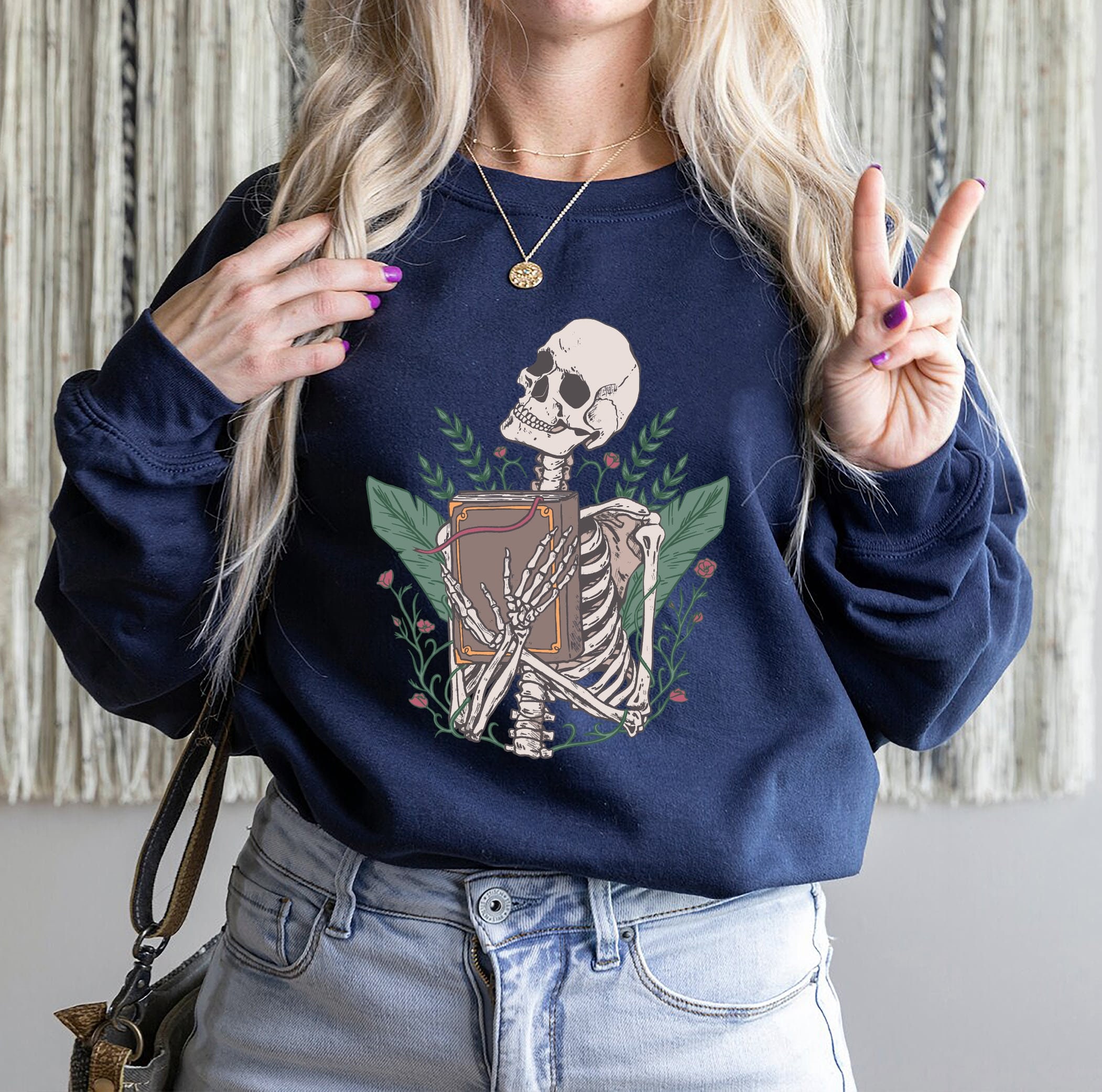 Skeleton With Book Lover Teacher Club Nerd Sweatshirt image 3