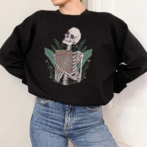 Skeleton With Book Lover Teacher Club Nerd Sweatshirt image 0