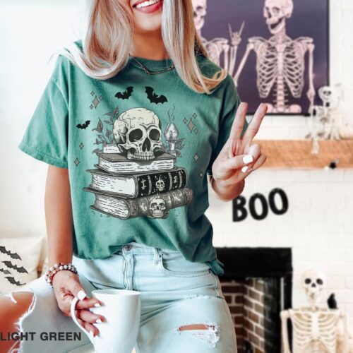 Spooky Spell Books Halloween Lover Skull Boo Shirt image 0