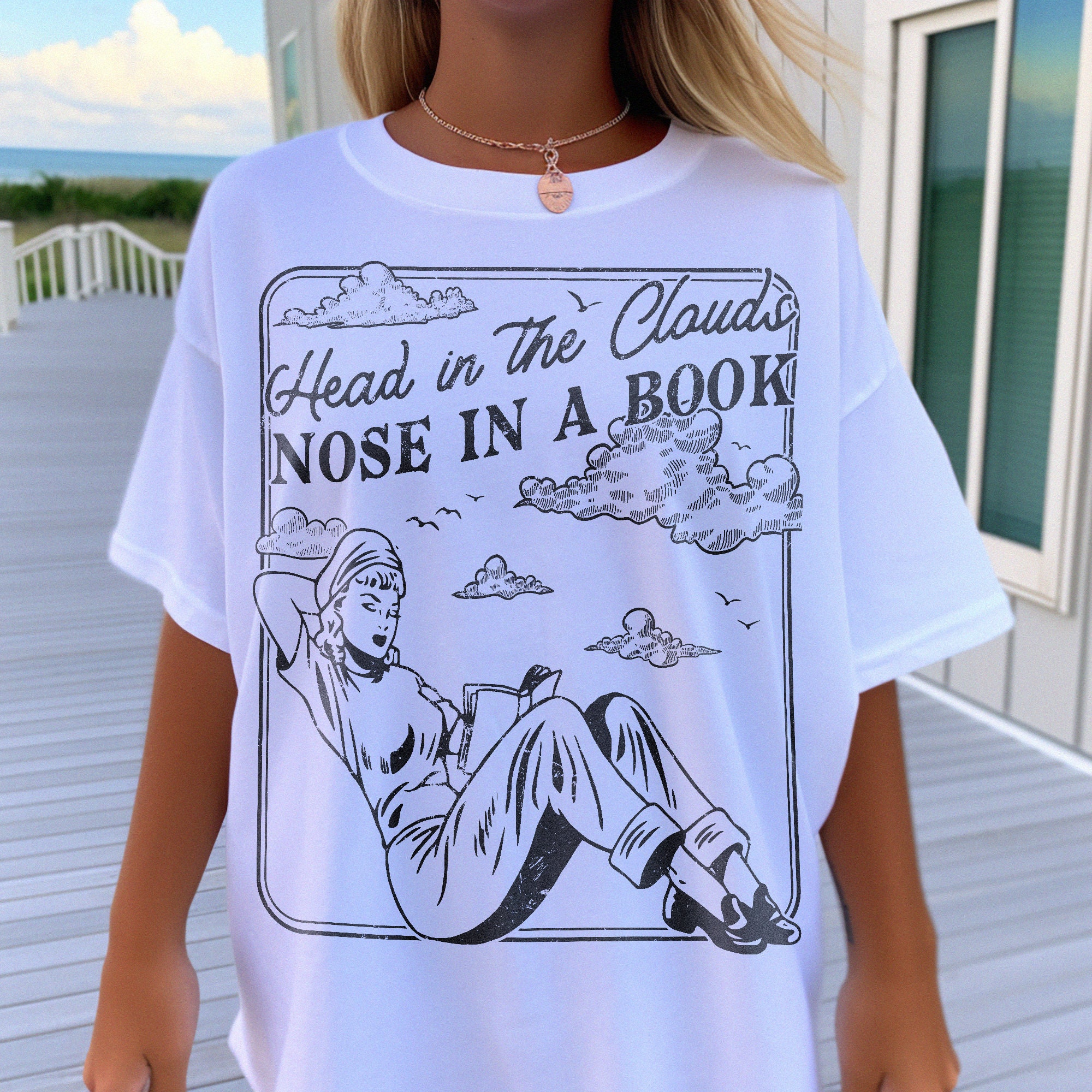 Vintage Head In The Clouds Nose In A Book Romance Reader Addict Simple Shirt image 1