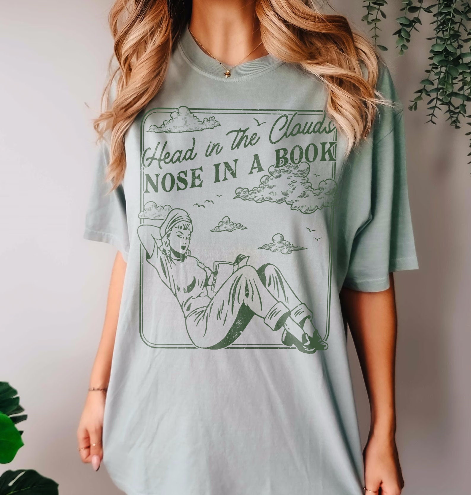 Vintage Head In The Clouds Nose In A Book Romance Reader Addict Simple Shirt image 3