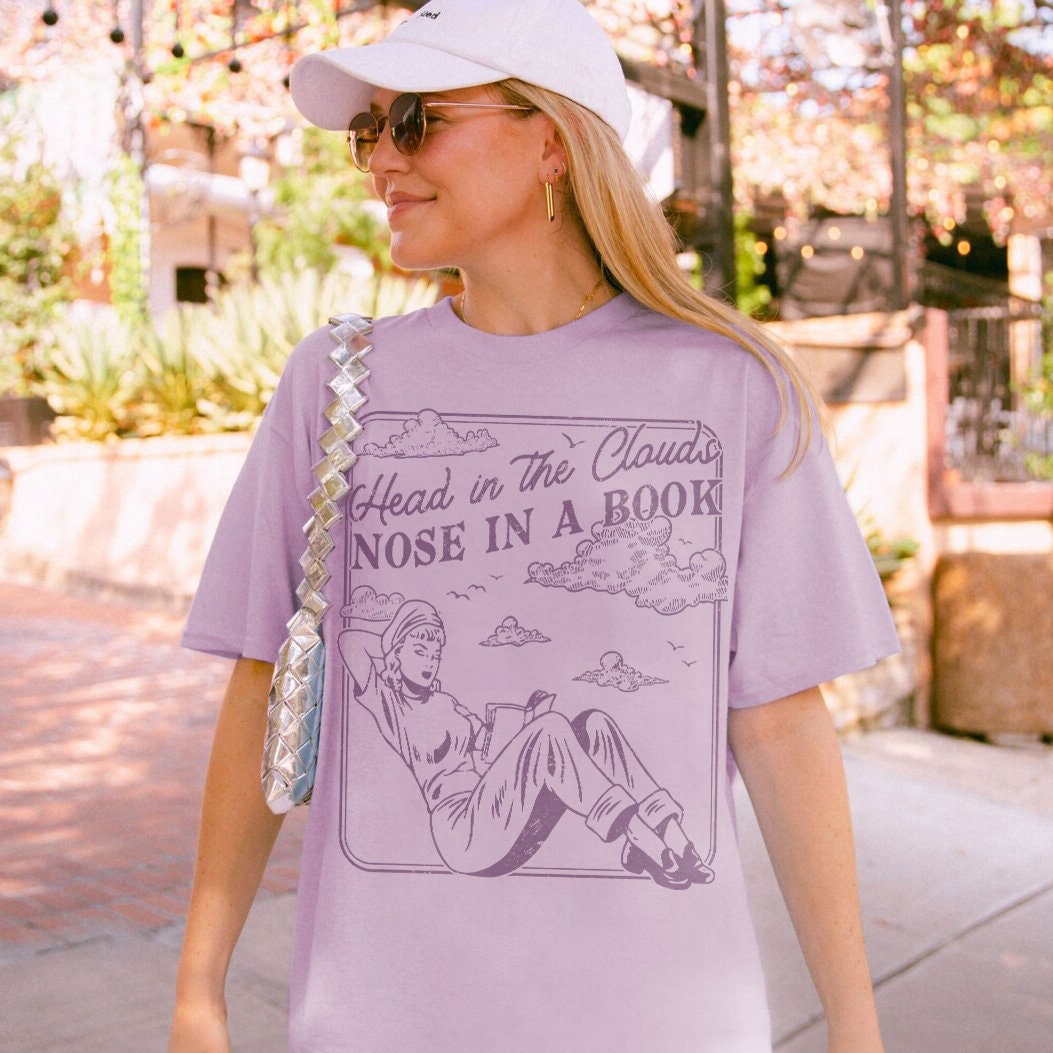 Vintage Head In The Clouds Nose In A Book Romance Reader Addict Simple Shirt image 5