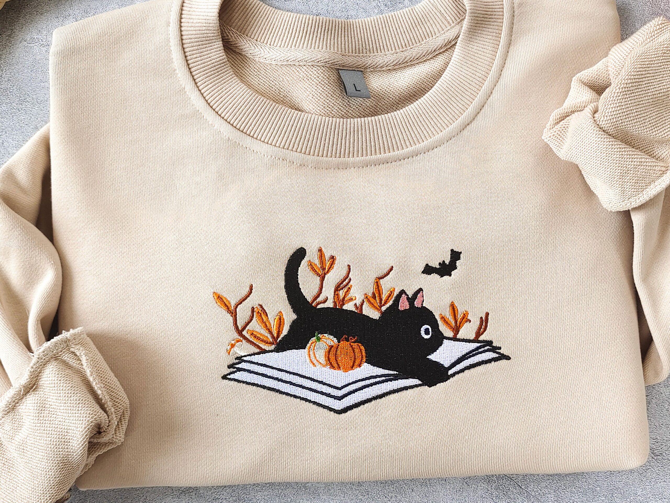 Halloween Fall Embroidered Black Cat Lying On Book Sweatshirt image 3