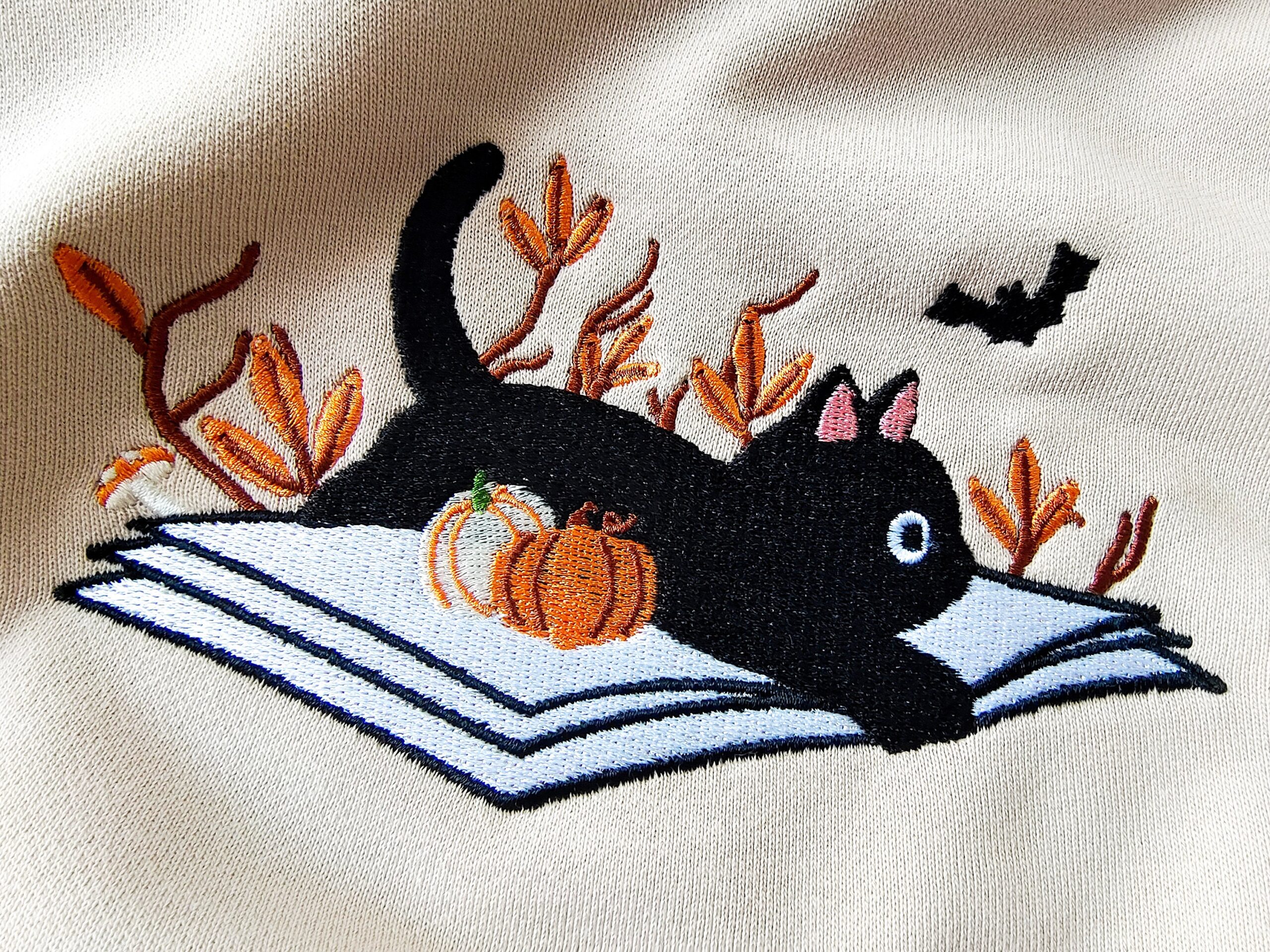 Halloween Fall Embroidered Black Cat Lying On Book Sweatshirt image 2