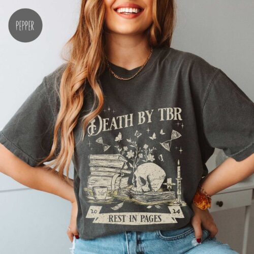 Vintage Death by TBR Book Lover Reading Bibliophiles Bookworm Addict Shirt image 0