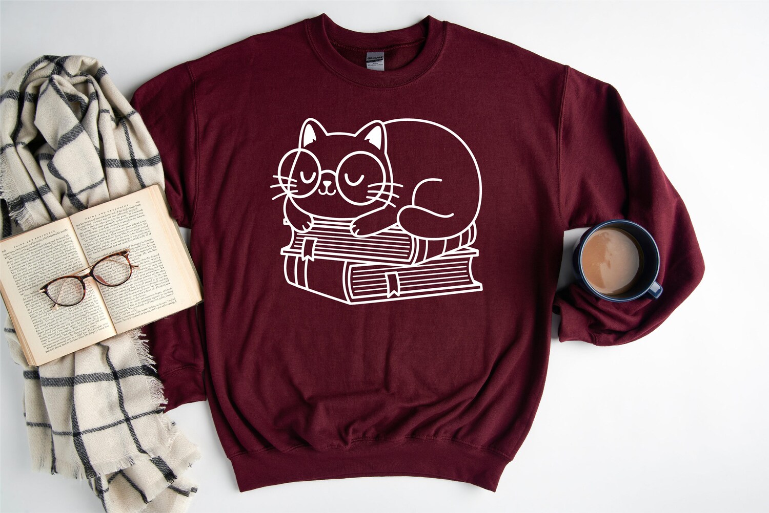 Sleeping On Books Cat Cute Reading Lover Librarian Literature Sweatshirt image 7