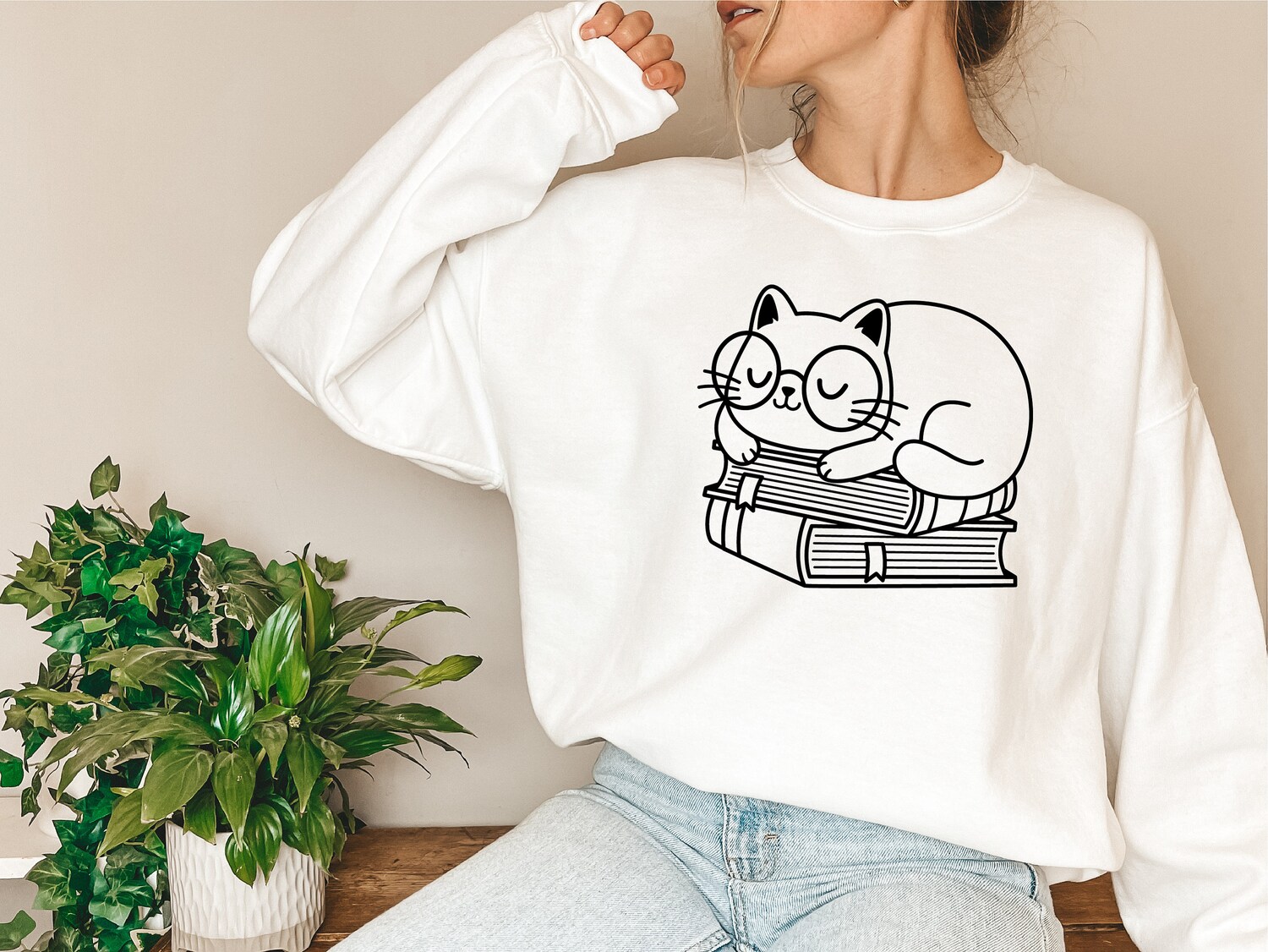 Sleeping On Books Cat Cute Reading Lover Librarian Literature Sweatshirt image 1