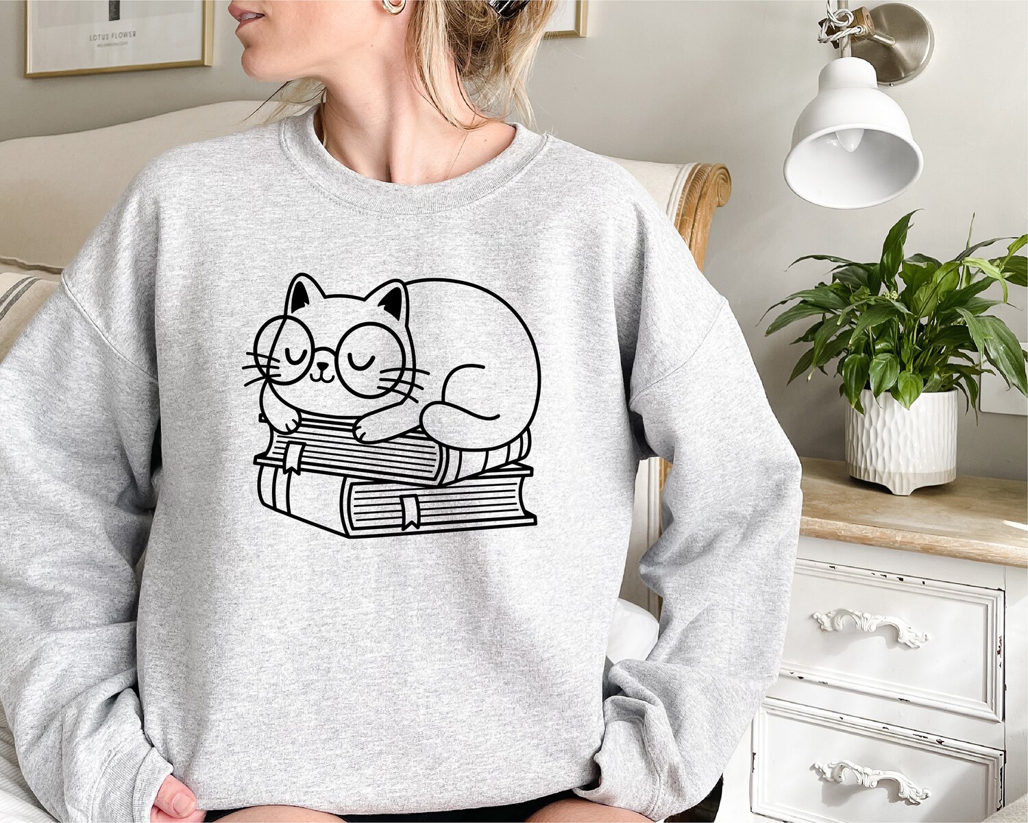 Sleeping On Books Cat Cute Reading Lover Librarian Literature Sweatshirt image 3