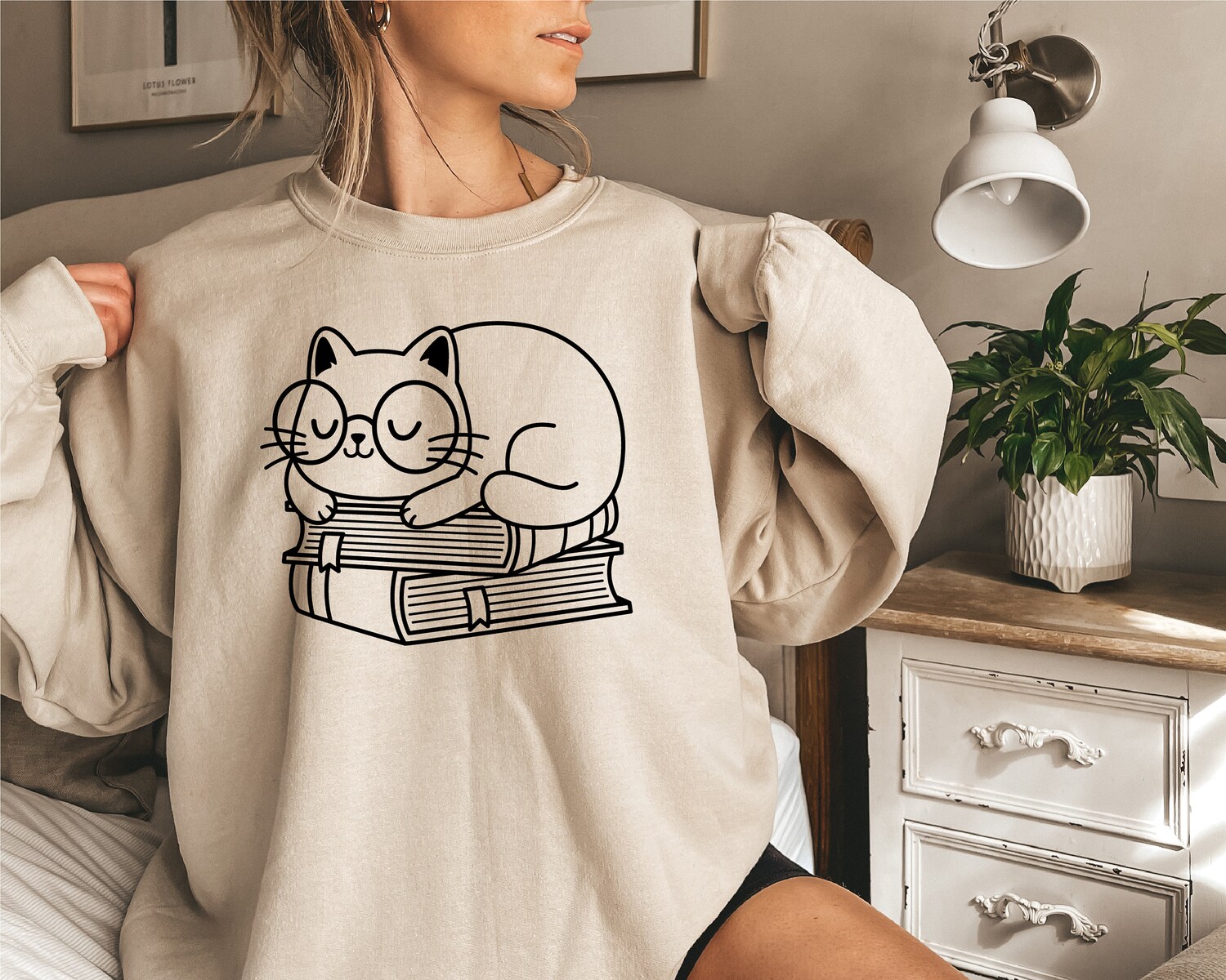 Sleeping On Books Cat Cute Reading Lover Librarian Literature Sweatshirt image 2