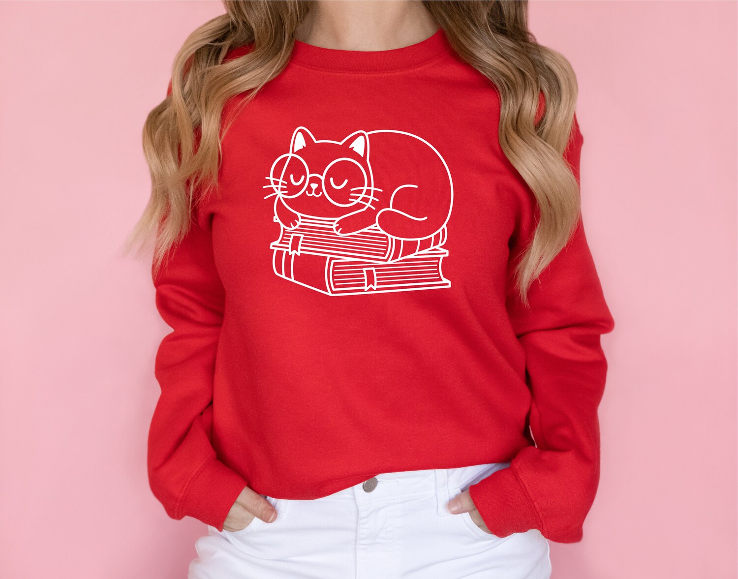 Sleeping On Books Cat Cute Reading Lover Librarian Literature Sweatshirt image 6