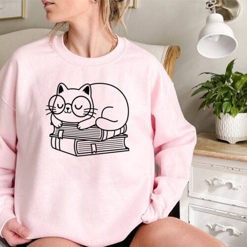 Sleeping On Books Cat Cute Reading Lover Librarian Literature Sweatshirt image 0