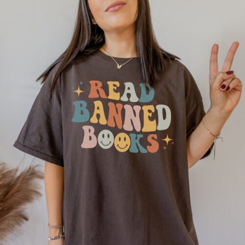 Retro Read Banned Books Poet Literature Librarian Smiley Face Cute Shirt image 0