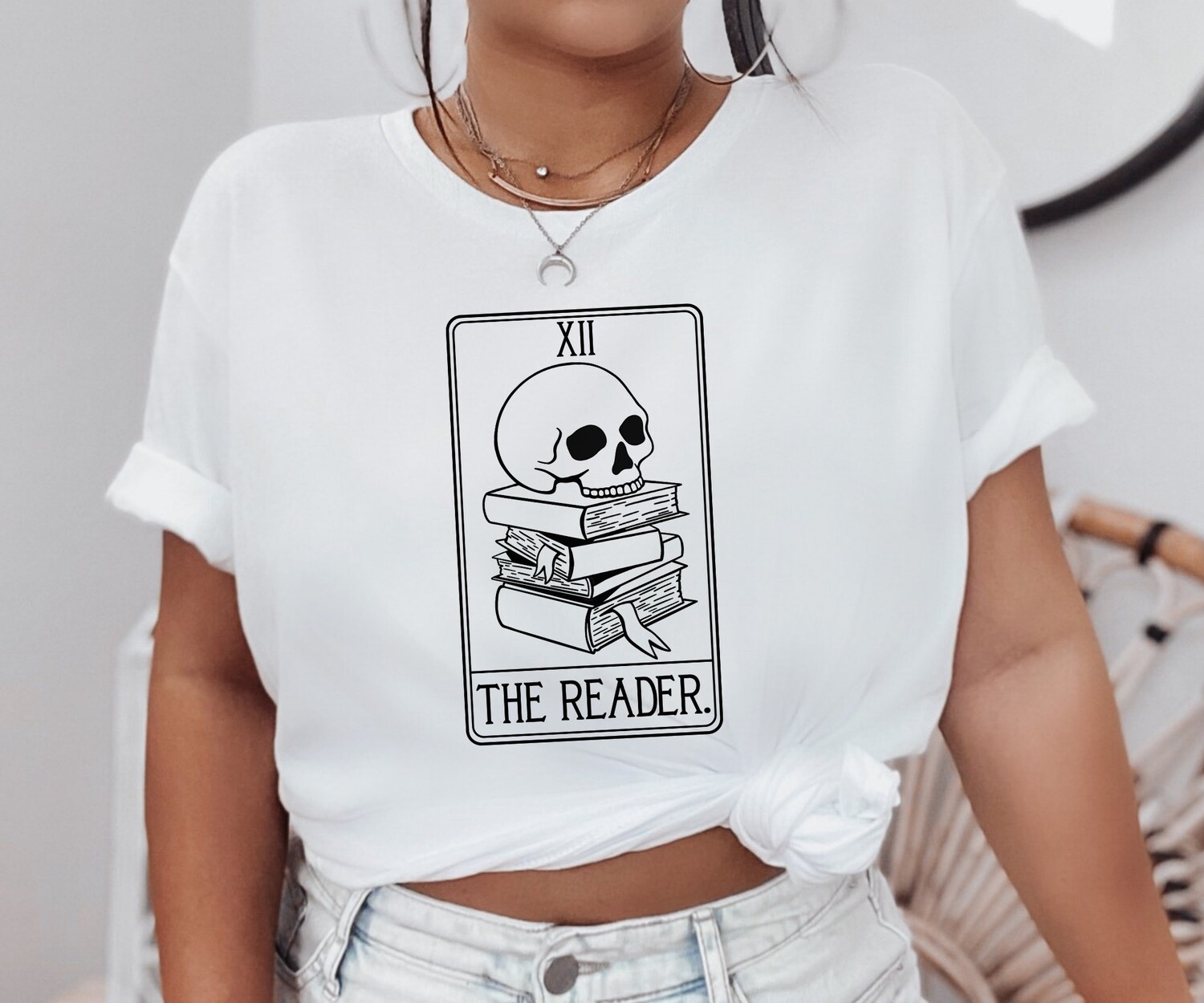 Bookish Death By TBR Pile Tarot Card The Reader Skull Librarian Lover Shirt image 2