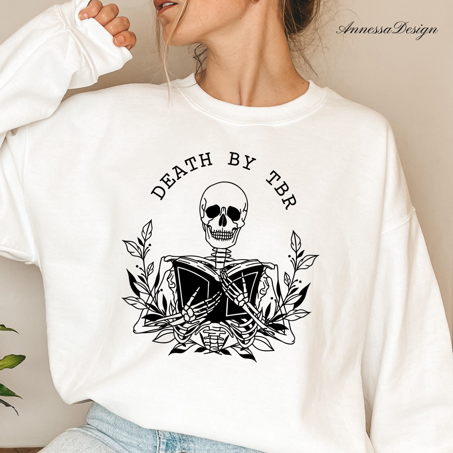 Death By TBR Bookish Bibliophile To Be Read Pile Lover Plant Skeleton Shirt image 3