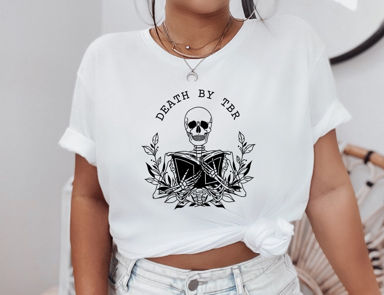 Death By TBR Skeleton Bibliophile Reading Pile Lover Bookworm Flower Shirt image 2