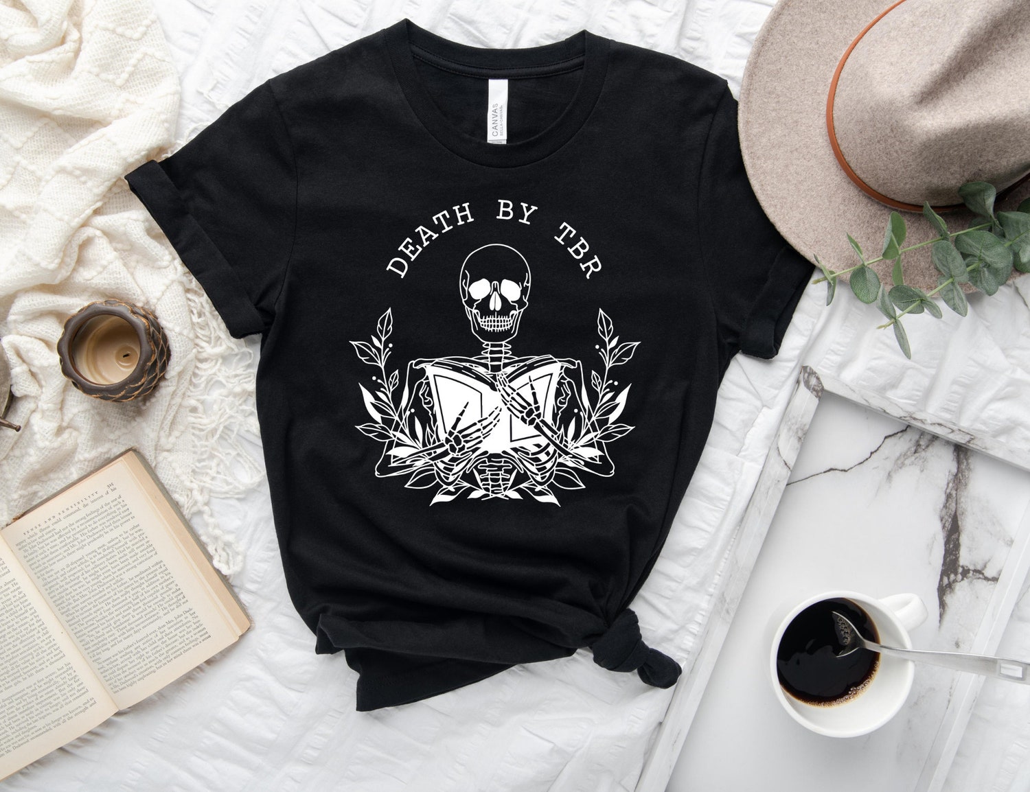 Death By TBR Skeleton Bibliophile Reading Pile Lover Bookworm Flower Shirt image 4