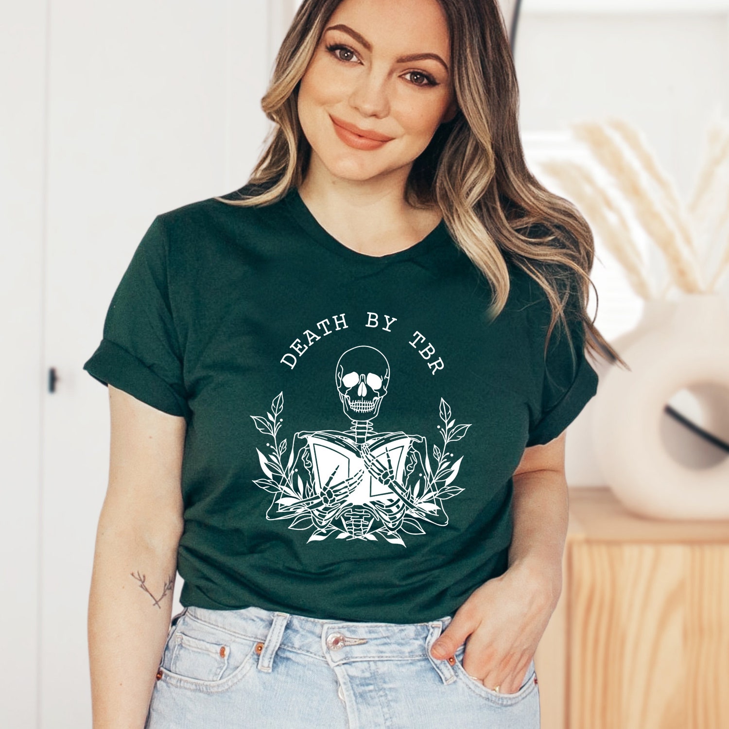 Death By TBR Skeleton Bibliophile Reading Pile Lover Bookworm Flower Shirt image 5