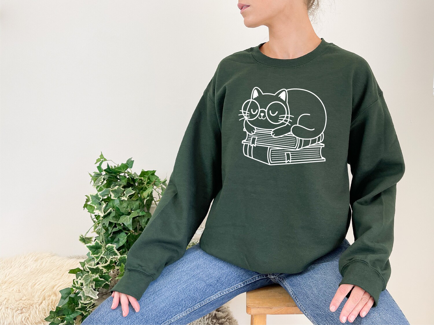 Sleeping On Books Cat Cute Reading Lover Librarian Literature Sweatshirt image 5