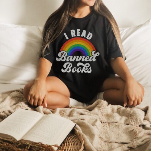 Retro I Read Banned Books Poet Literature Librarian Rainbow Literacy Shirt image 0