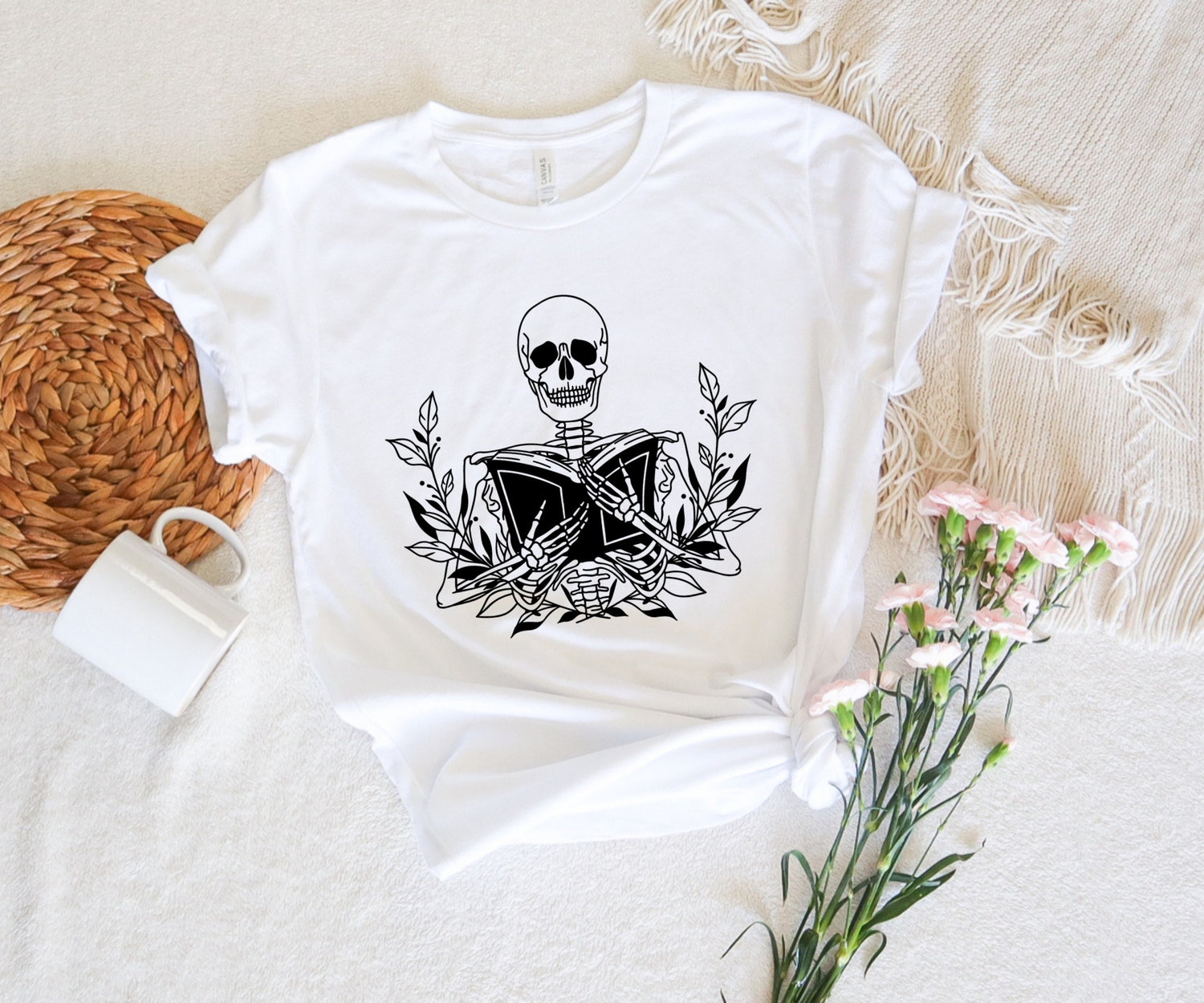 Skeleton Book Reading Lover Librarian Death By TBR Flower Floral Shirt image 2