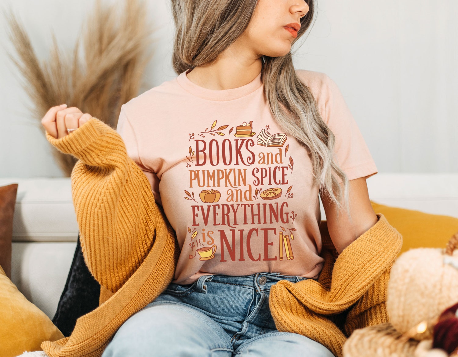 Books And Pumpkin Spice Everything Nice Coffee Fall Lover Thanksgiving Shirt image 2