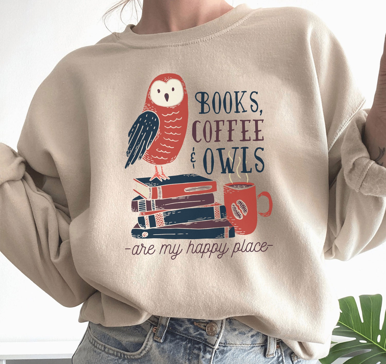 Books Coffee Owls Lovers Funny Teacher Librarian Literature Sweatshirt image 1