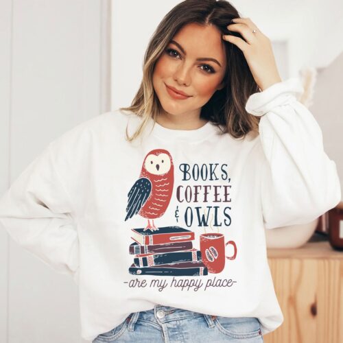 Books Coffee Owls Lovers Funny Teacher Librarian Literature Sweatshirt image 0