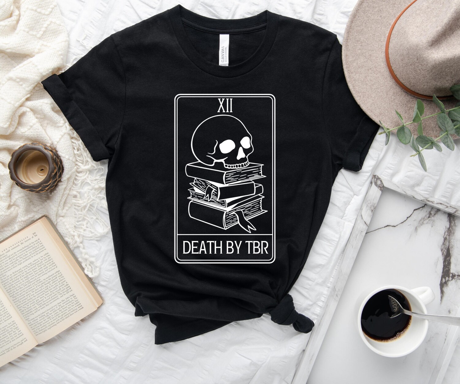 Death By TBR Reader Tarot Card Bookish Lover Pile Skull Skeleton Shirt image 4