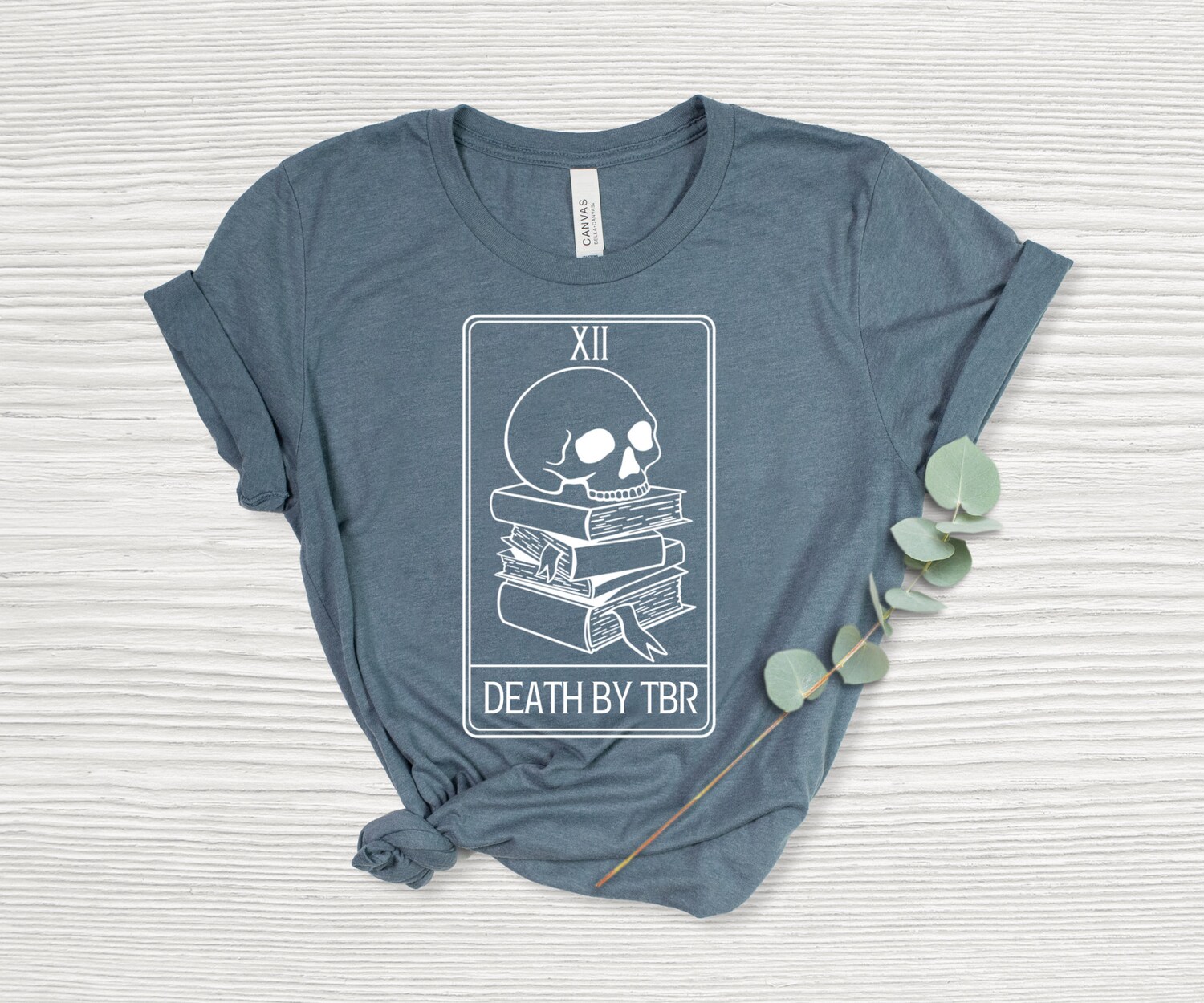 Death By TBR Reader Tarot Card Bookish Lover Pile Skull Skeleton Shirt image 1