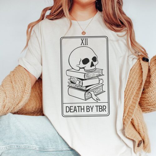 Death By TBR Reader Tarot Card Bookish Lover Pile Skull Skeleton Shirt image 0