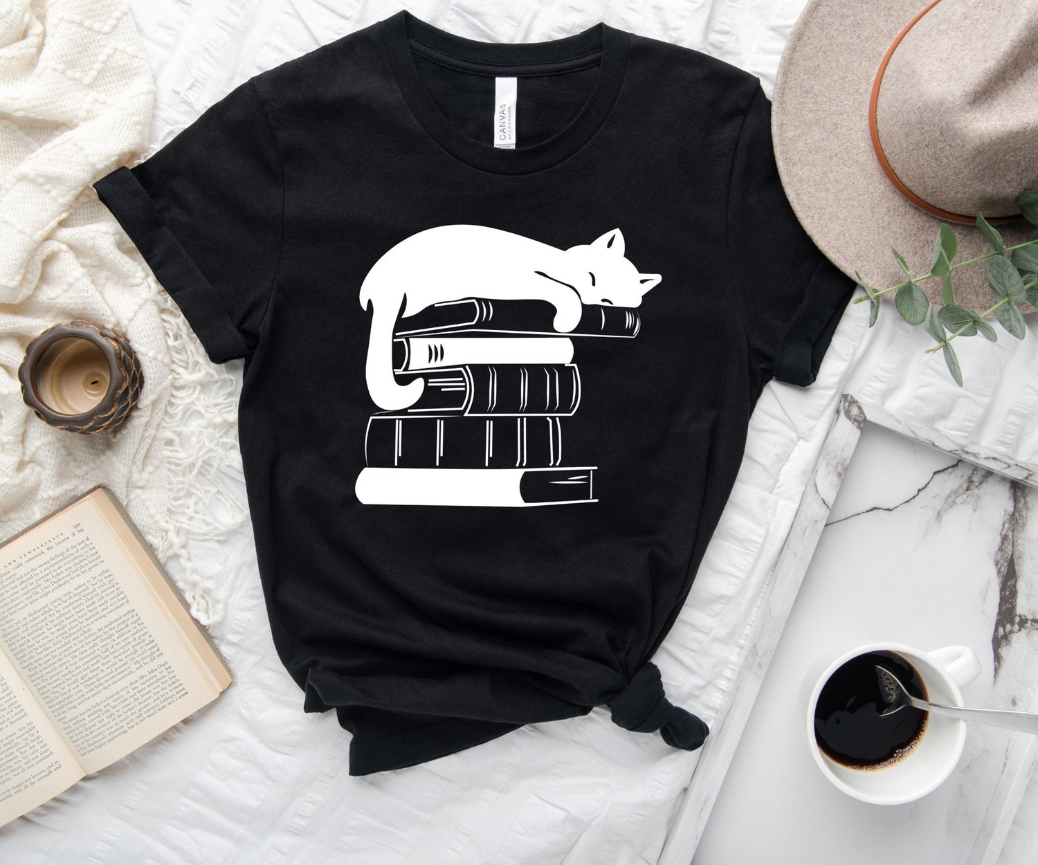 Black Cat Book Reading Lover Teacher Librarian Literature Mom Women Shirt image 5