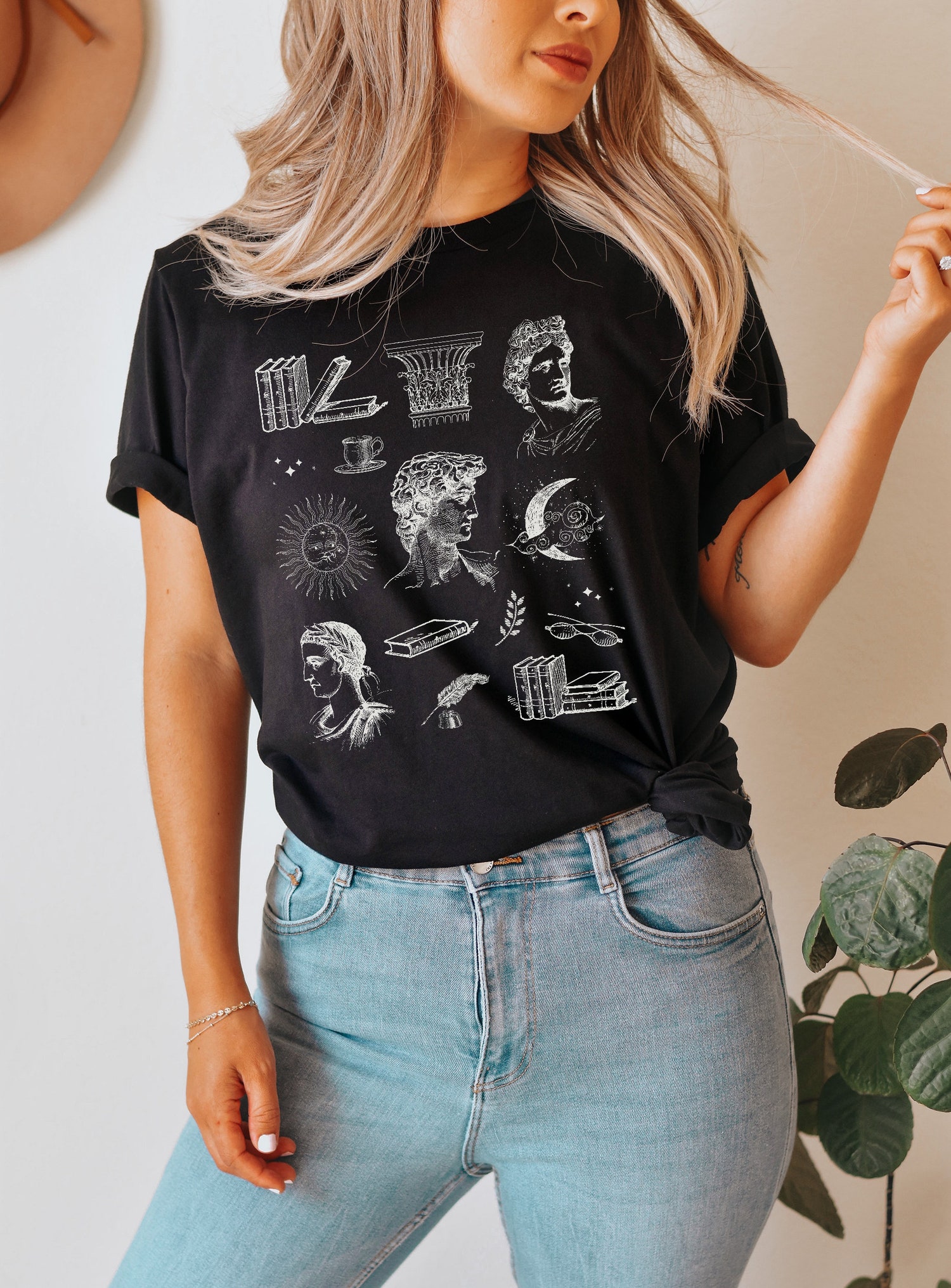 Dark Academia Writers And Authors Book Lover Greek Statue Fine Line Art Shirt image 1