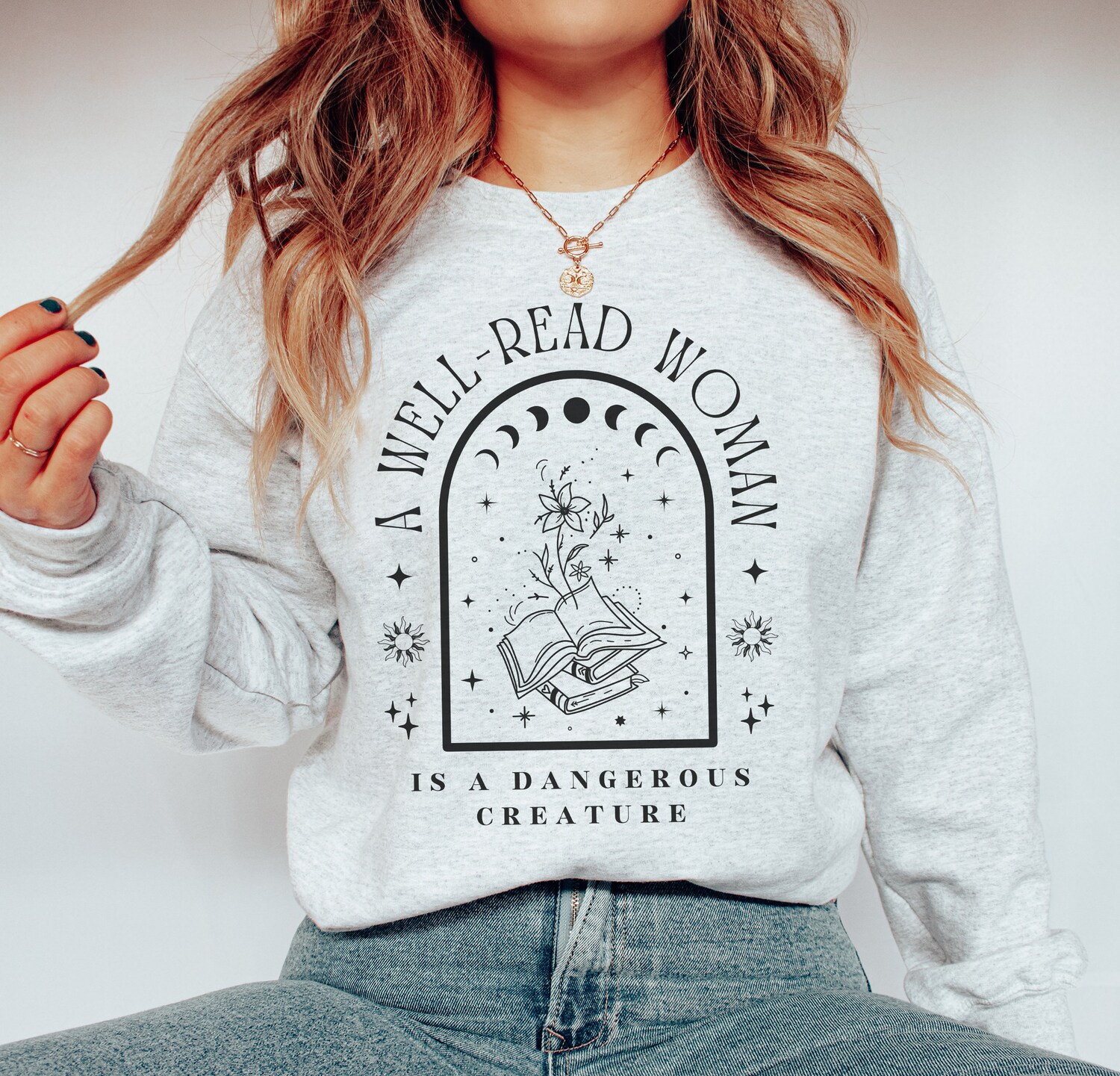 A Well Read Woman Bookish Reading Literature Librarian Celestial Sweatshirt image 1