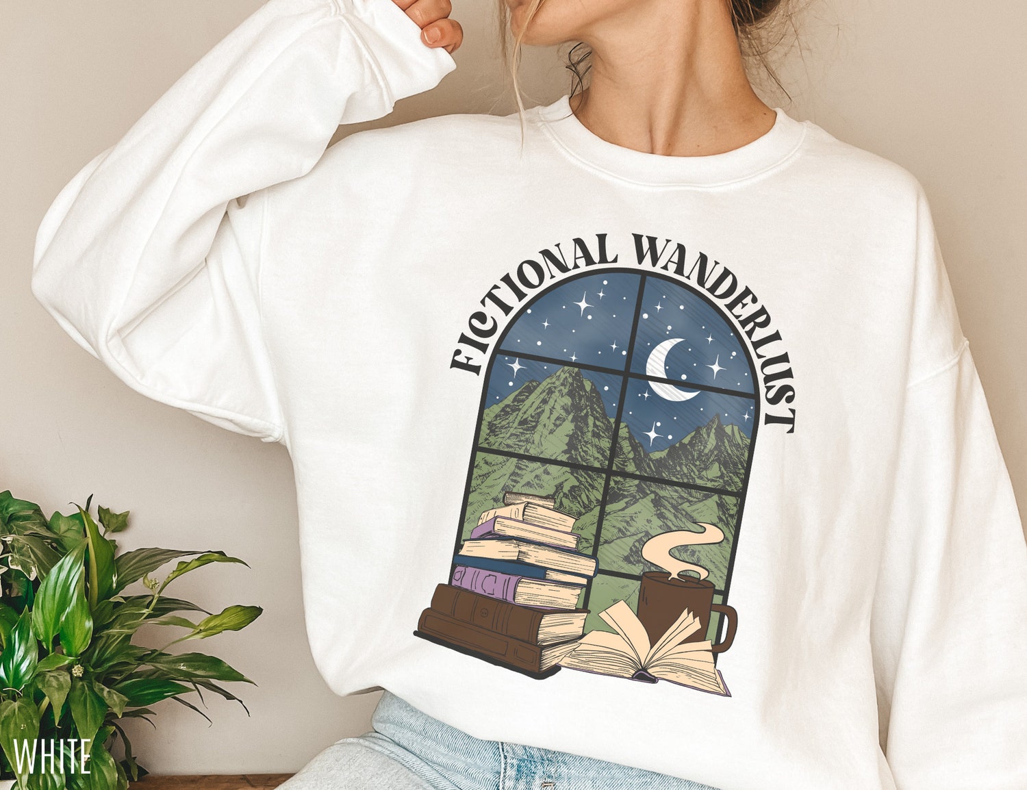 Fictional Wanderlust Author Bookish Lover Reading Scene Moon Sweatshirt image 3