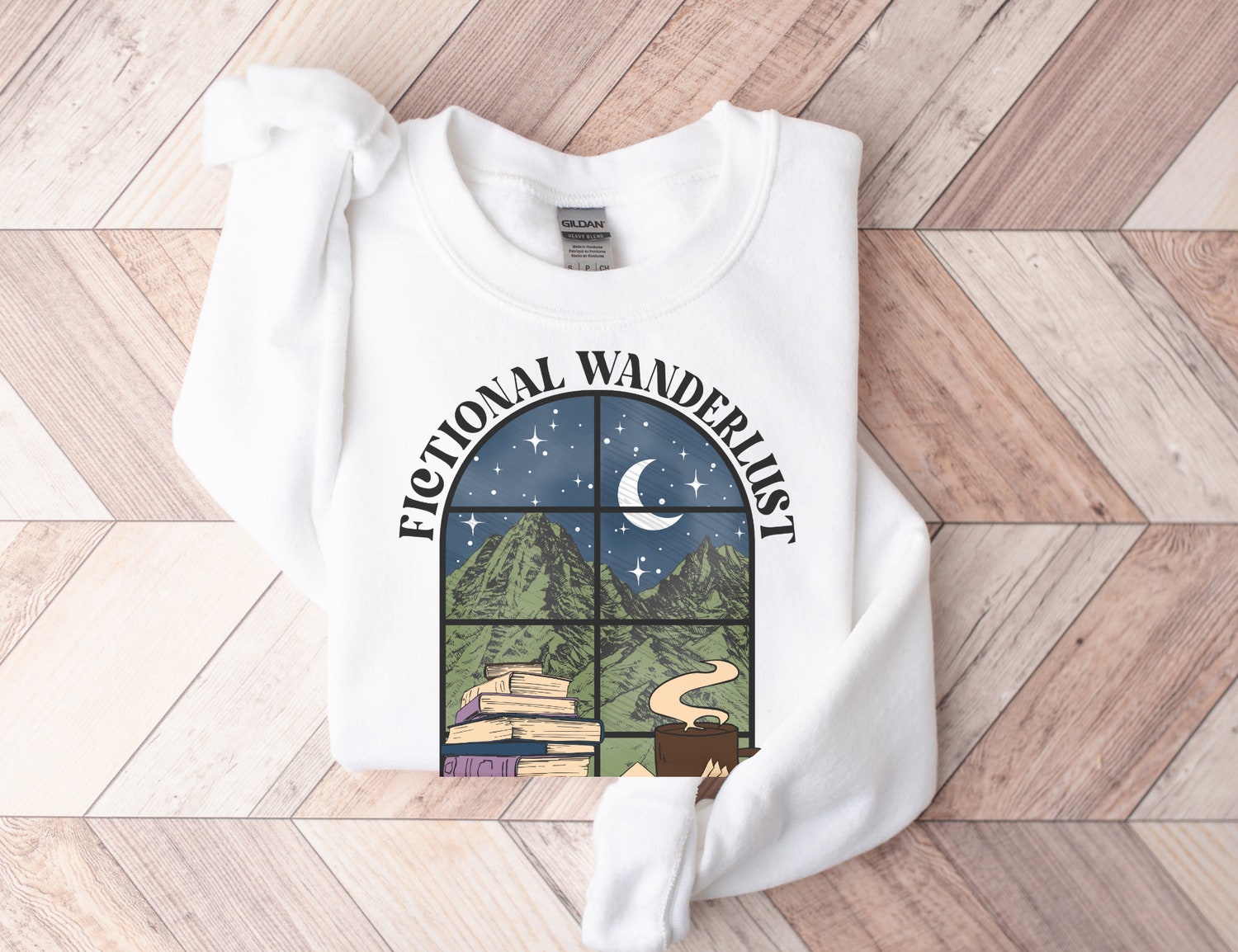 Fictional Wanderlust Author Bookish Lover Reading Scene Moon Sweatshirt image 2