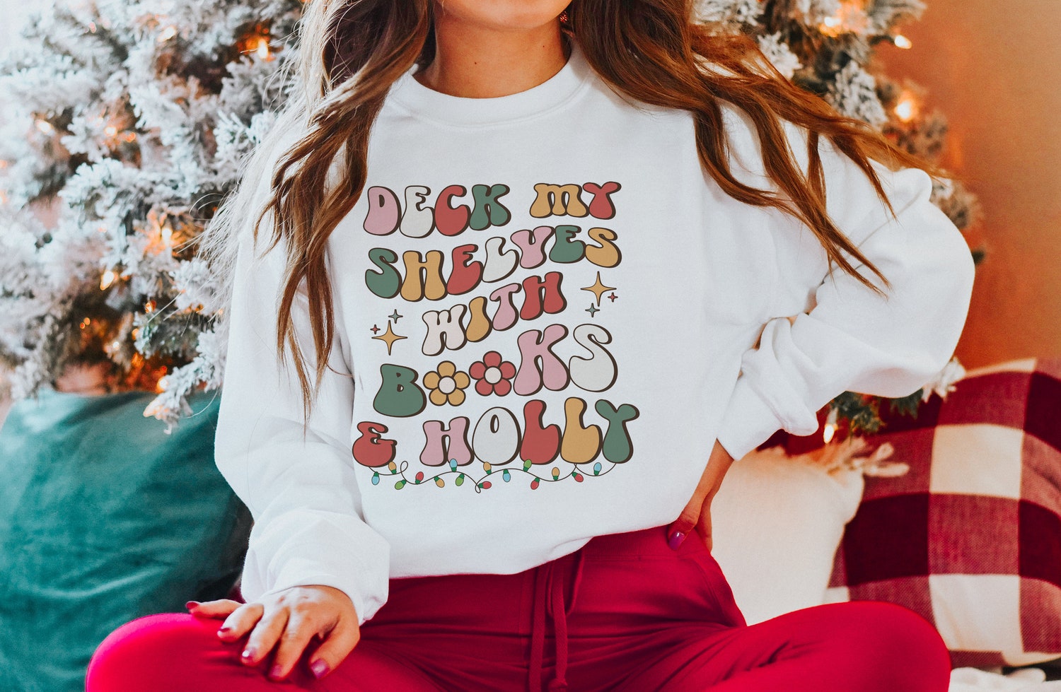 Retro Christmas Bookish Reading Librarian Literature Nerd Floral Sweatshirt image 1