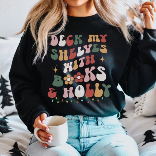 Retro Christmas Bookish Reading Librarian Literature Nerd Floral Sweatshirt image 0