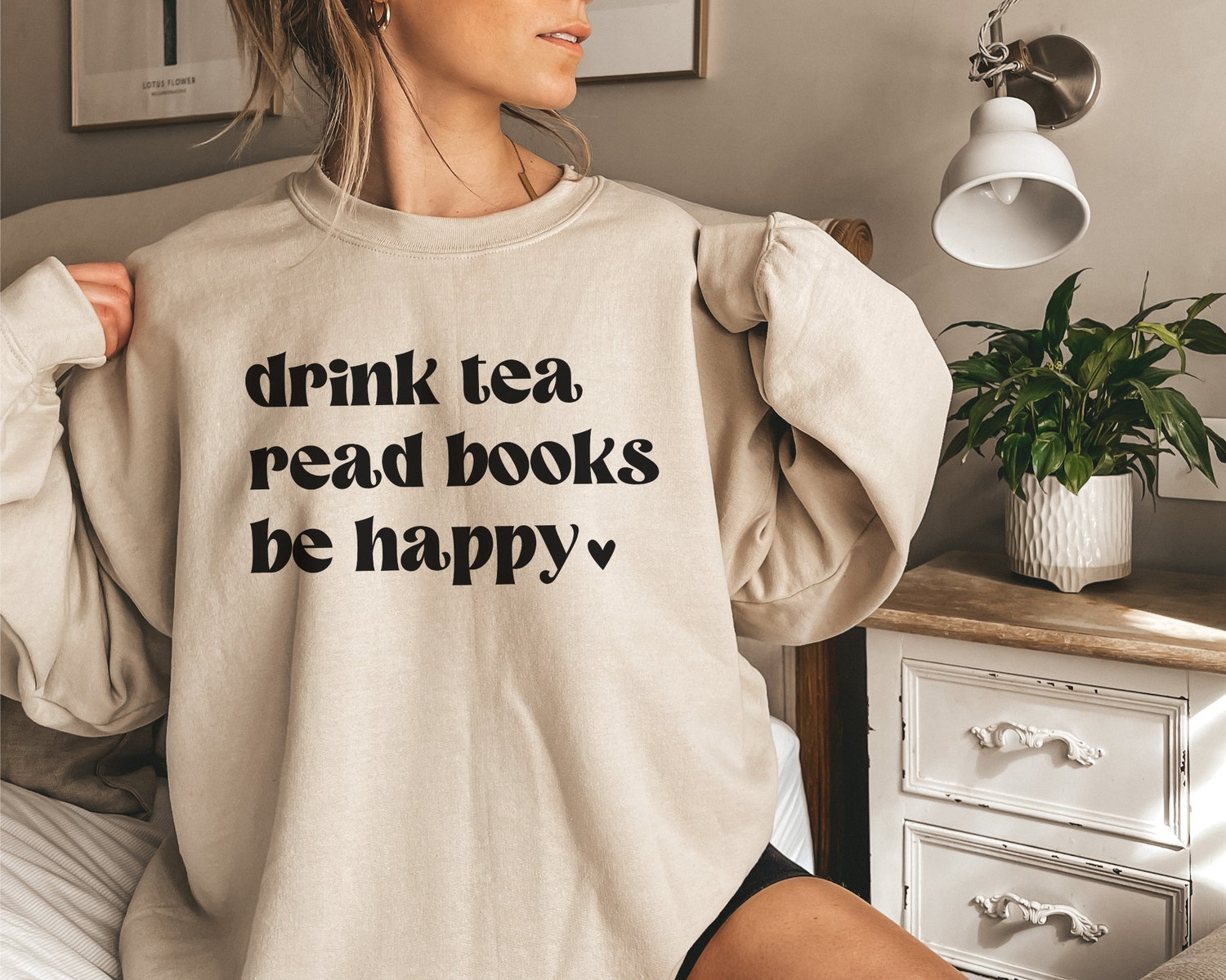 Drink Tea Read Books Be Happy Lover Heart Librarian Teacher Sweatshirt image 1