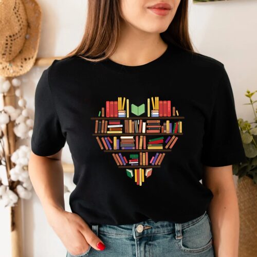 Book Lover Librarian Reading Nerd Shelf Teacher Heart Literature Shirt image 0