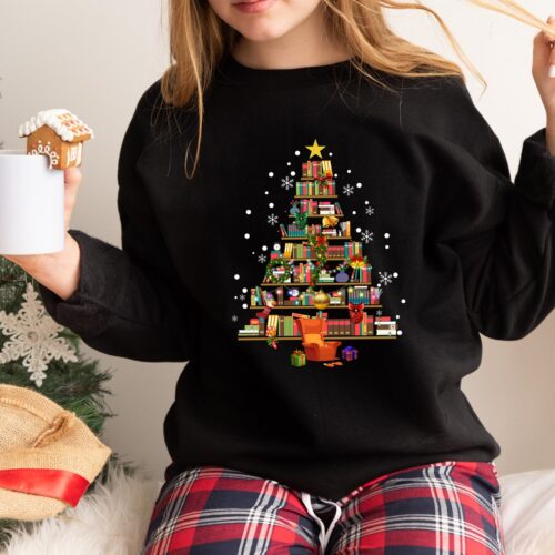 Christmas Tree Made Of Books Lover Teachers Librarians Holiday Sweatshirt image 0