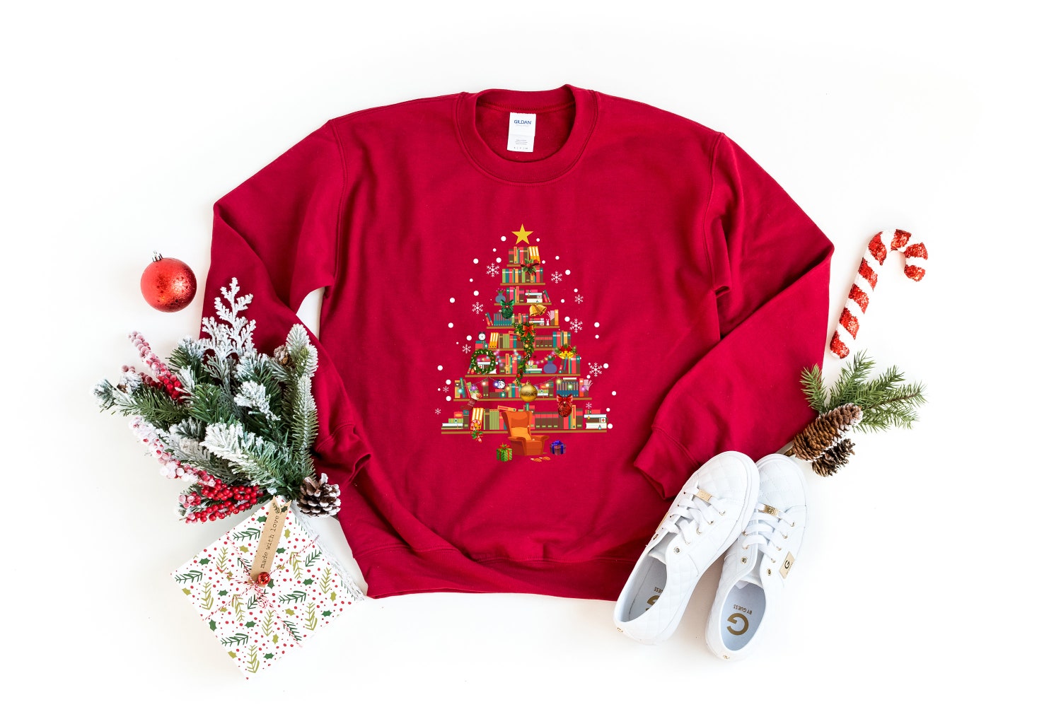 Christmas Tree Made Of Books Lover Teachers Librarians Holiday Sweatshirt image 2