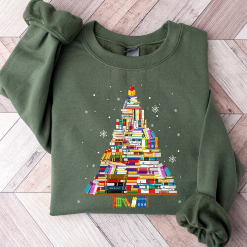 Book Tree Christmas Lover Teacher Holiday Librarian Literature Sweatshirt image 0