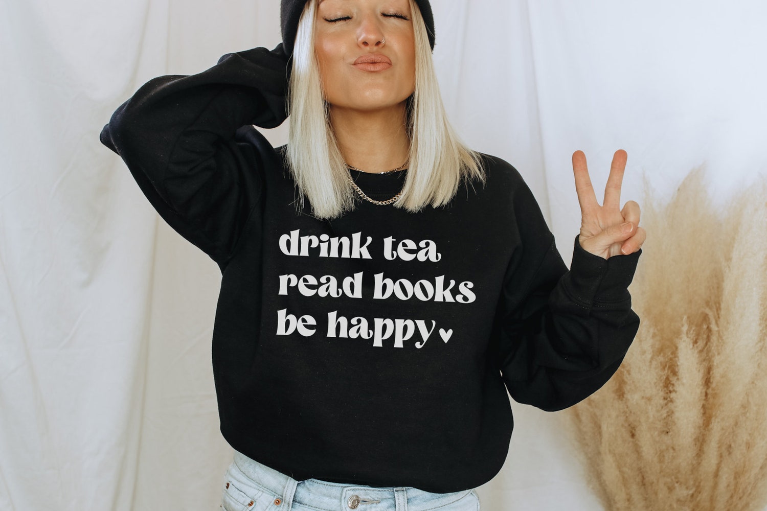 Drink Tea Read Books Be Happy Lover Heart Librarian Teacher Sweatshirt image 3