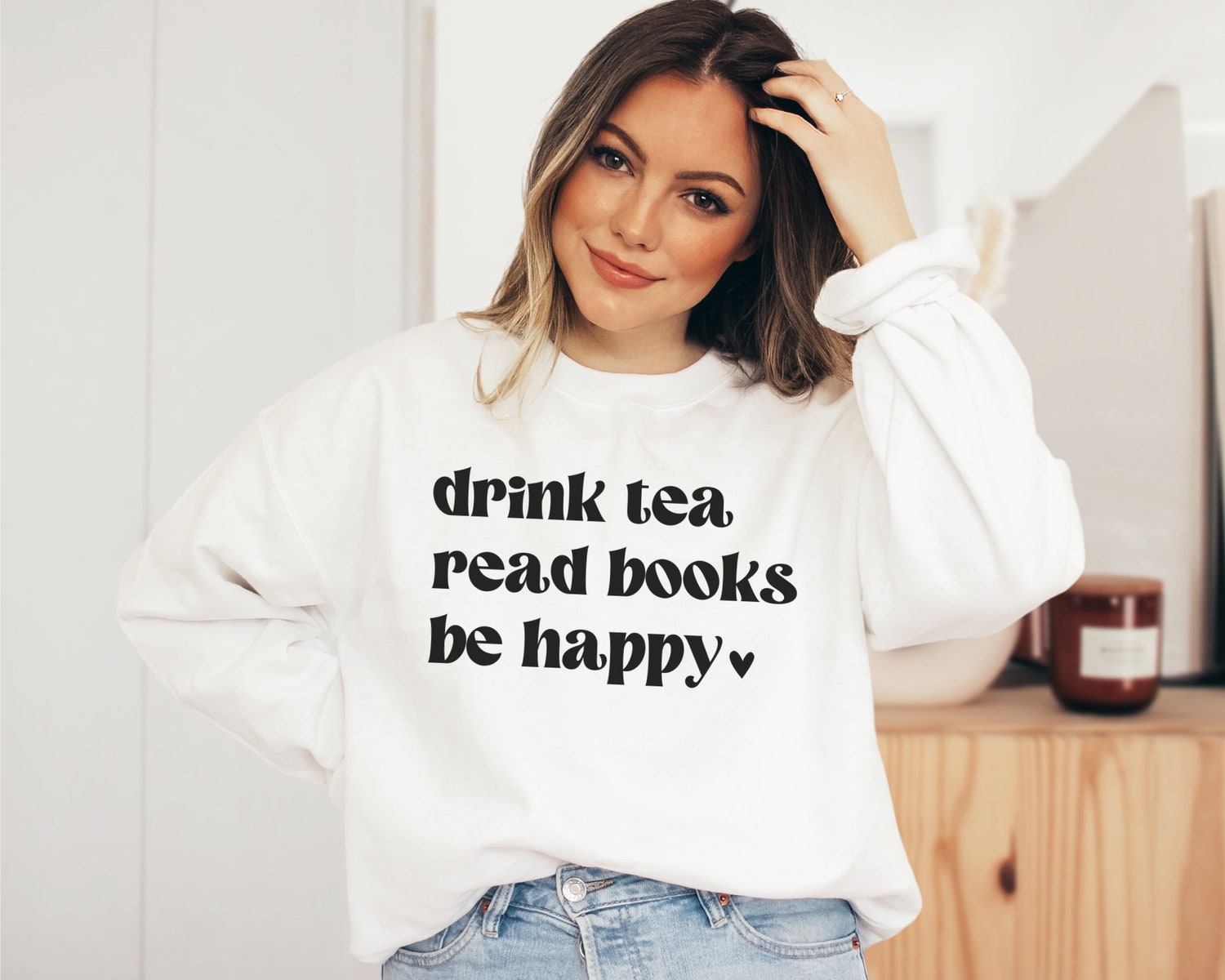 Drink Tea Read Books Be Happy Lover Heart Librarian Teacher Sweatshirt image 2