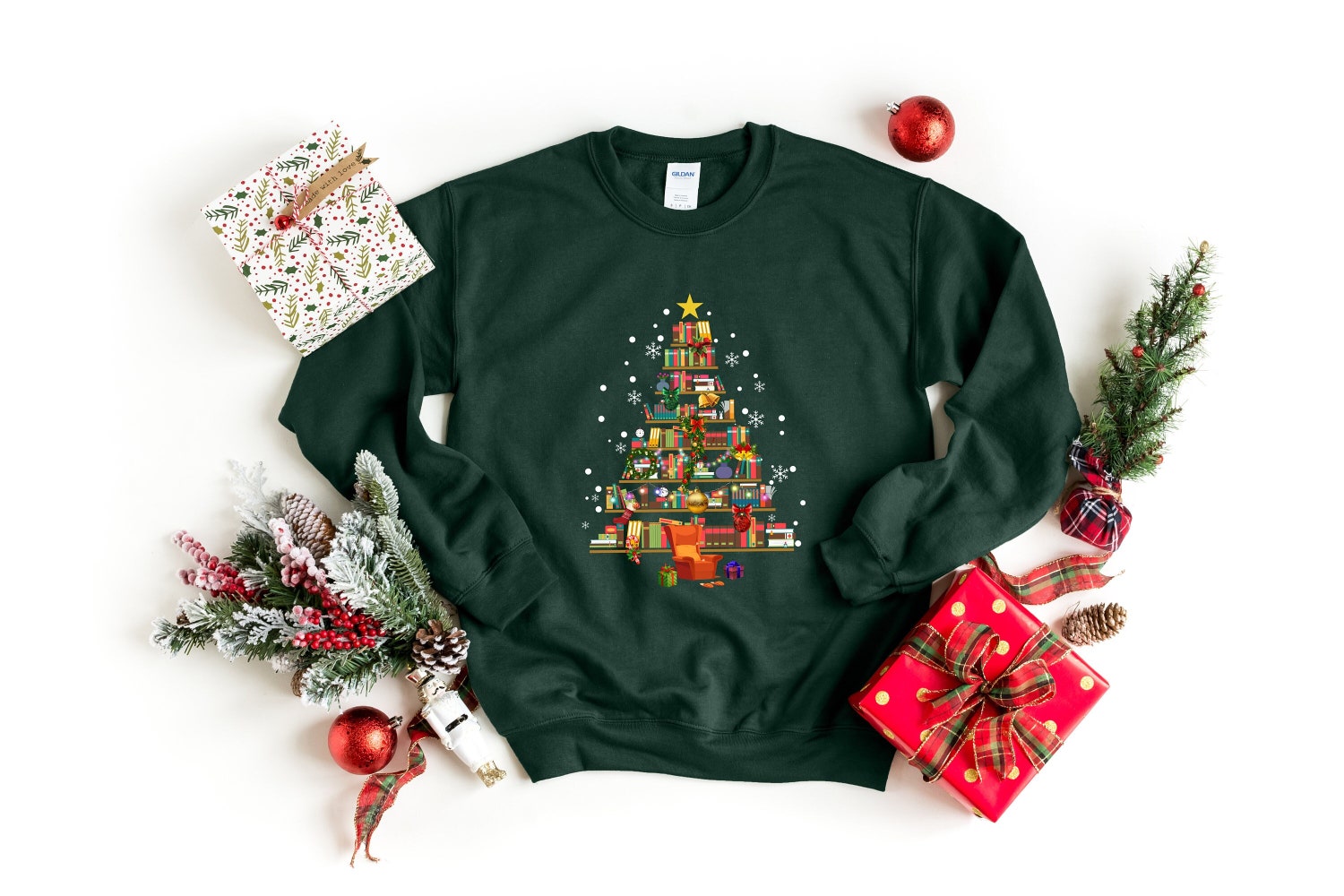 Christmas Tree Made Of Books Lover Teachers Librarians Holiday Sweatshirt image 1