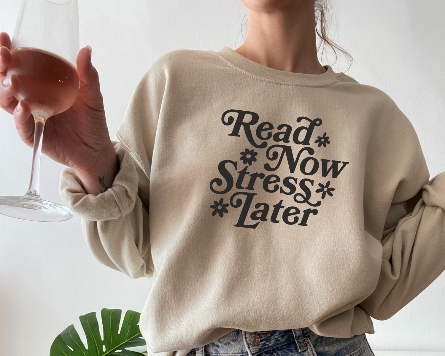 Read Now Stress Later Book Lover Sweatshirt Women Flower Floral Sweatshirt image 1