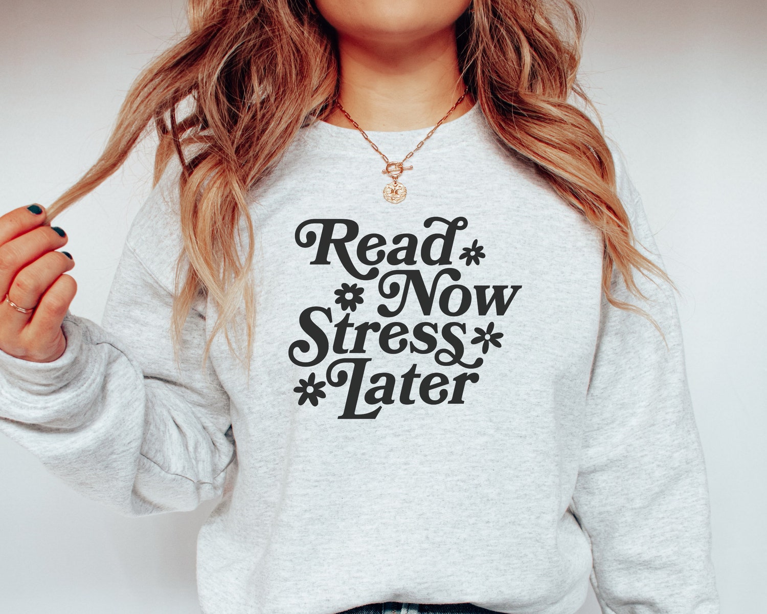 Read Now Stress Later Book Lover Sweatshirt Women Flower Floral Sweatshirt image 2