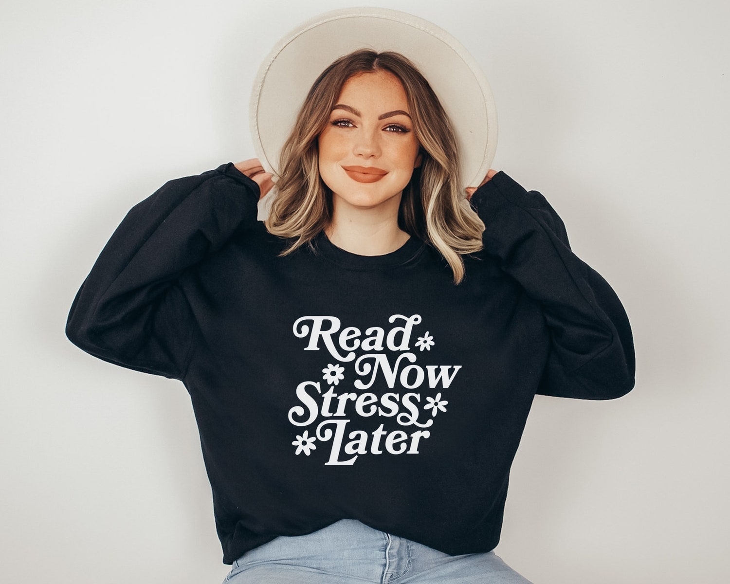 Read Now Stress Later Book Lover Sweatshirt Women Flower Floral Sweatshirt image 5